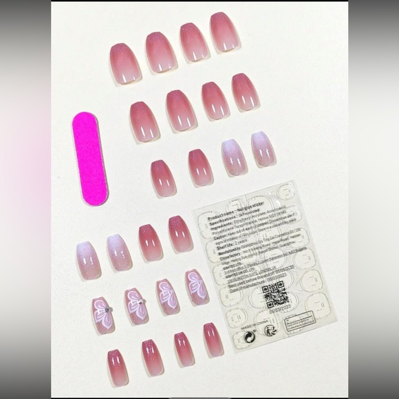 Glamorous Long Coffin floral Pink Ombre Glitter Rhinestone press on nails - Picture 3 of 9